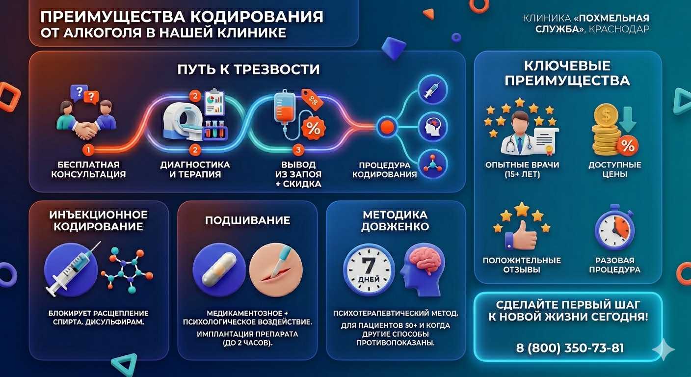 Инфографика о методах кодирования от алкоголя в Чернигове: инъекции, подшивание, метод Довженко. Преимущества клиники и этапы лечения.